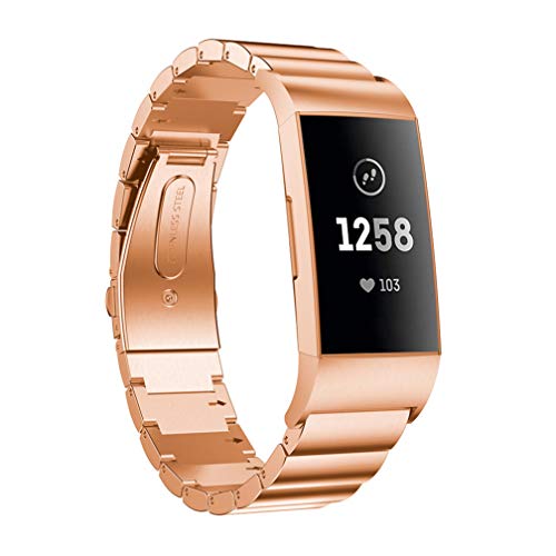 MoreToys Compatible Fitbit Charge 3 Band, Stainless Steel Replacement Accessory Sport Wristband Watch Strap Bracelet Fitbit Charge 3 Fitness Tracker (Rose Gold)