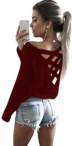 Women's Cut Out Loose Pullover Criss Cross Backless Sweater Shirt Top