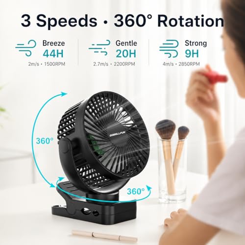 GOBRILLFUN 6 Inch 12000mAh Clip Fan Battery with Remote Control, USB Rechargeable with LED Lights, 3 Speed, Battery Fan with Timer