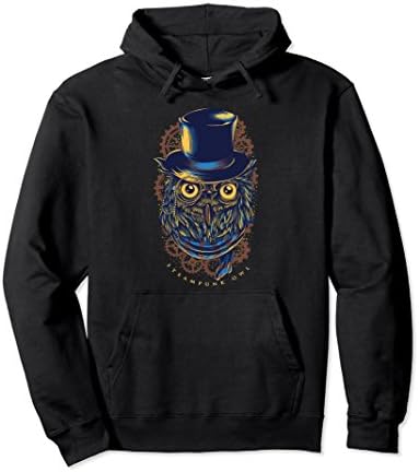 Unisex Steampunk Owl Hipster Cool Pullover Hoodie Top Hat Gears Small Black