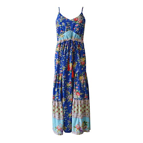 Women's Summer Long Dresses Casual Bohemian Empire Waist Pleated Maxi Dress Halter Beach Swing Flowy Dresses (Blue4, L/US:8)