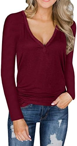 Lateemore Womens Deep V Neck Long Sleeve Henley Shirts Button Up Knit Tunic Top Blouse