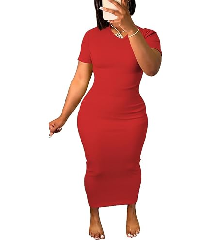tee bodycon dress Women's Short Sleeve T Shirt Dresses Cut Out Ribbed V Neck Maxi Sundress Party Club Dress with Pocket-Orange-S : Clothing, Shoes & Jewelry side or back