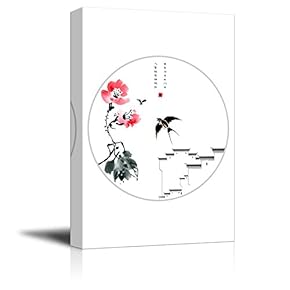 Canvas Wall Art - Chinese Style Black and White Painting with Cherry Blossom and Birds in Spring - Giclee Print Gallery Wrap Modern Home Art Ready to Hang - 12x18 inches