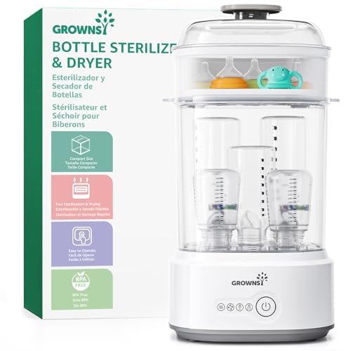 Grownsy Baby Bottle Sterilizer and Dryer, Compact Baby Bottle Sterilizer, Electric Steam Bottle Sanitizer for Baby Bottles, Pacifiers, Pump Parts