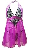 IYISS Sheer Mesh & Lace Halter Babydoll Lingerie with G-string