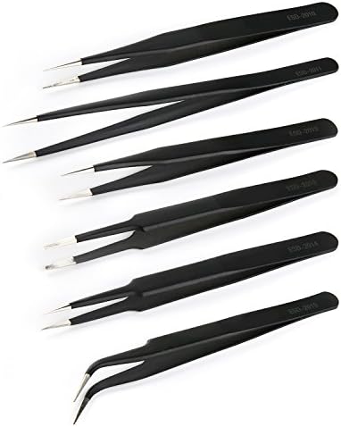 6pcs ESD Tweezers Set Kit Fine Curved Tip Tweezers for Eyelash, Jewelry-making, Hobbies (6 in 1)