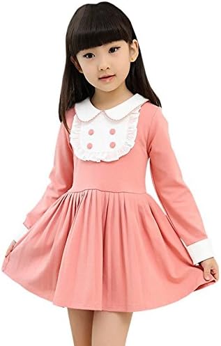 Girl's Long Sleeves Nautical Sailor Varsity Ruffles Baby Doll Collar Dress Pink