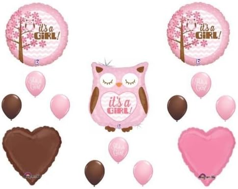 CakeDrake It's a GIRL OWL Pink Brown BABY Shower Party (14) Decoration Mylar & Latex SET