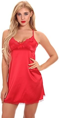 Fanhong Women Lingerie V Neck Nightgown Satin Sleepwear Mini Teddy Lace Chemise Wine Red M