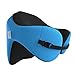 LANGRIA 6-in-1 Memory Foam Neck Support Travel Pillow with Detachable Hood Adjustable Neck Size for All Ages Side Elastic Pocket Neck Travel Cushion for Plane Train Car Bus Office (Blue)