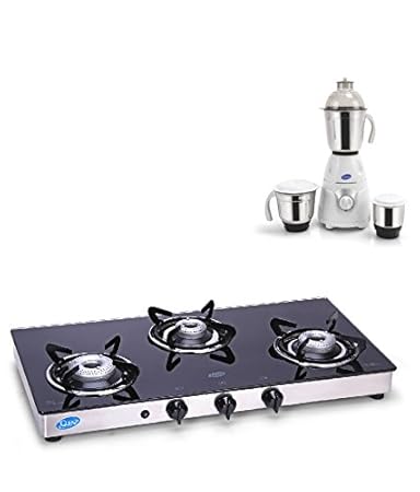 Glen 1033 XL Auto Ignition Glass Gas Stove 3 Burner Cooktop + Mixer Grinder4027