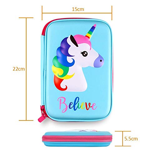 Cute Unicorn Pencil Case, Tiberham Embossed Hardtop Large Pen Holder Box with Compartments, Anti-Shock Cosmetic Pouch Bag Stationery Organizer for Girls School Students Kids Teens (Light Blue)