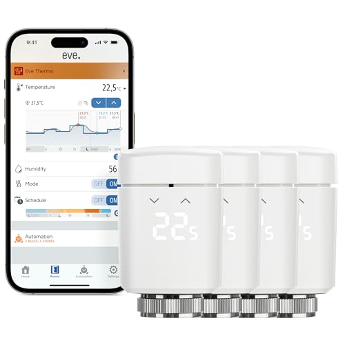 Eve Thermo (Matter, 4th gen.) pack of 4: Smart Thermostat Radiator Valve, Automatic Temperature Control, Save Energy, Apple Home, Alexa, SmartThings, Google Home, req. Thread Border Router