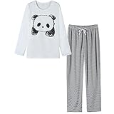 VENTELAN Women's Cute Panda Striped Long Sleeve Sleepwear Pjs Pajama Set Nighty,A-Panda White,Small(US 4-6)