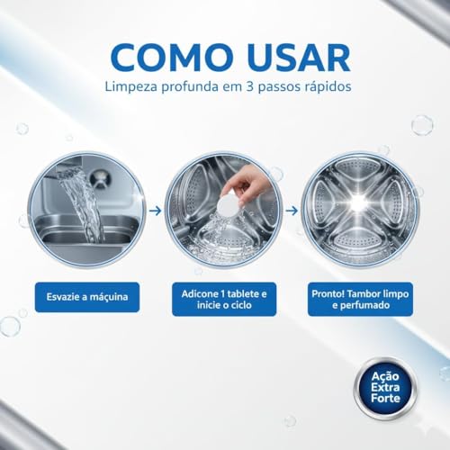 Pastilhas Limpadoras para Máquina de Lavar - Kit com 12 Unidades – Limpeza Profunda, Anticalcário, Elimina Odores, Compatível com Todas as Máquinas - Machine Cleaning Tablets