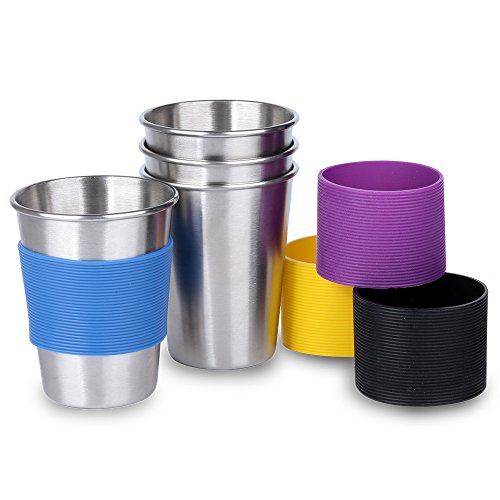 Unbreakable Metal Kids Drink Cups 11 oz Stainless Steel Drinking Glasses with Silicone Sleeve set of 4 for Home and Outdoor Activities