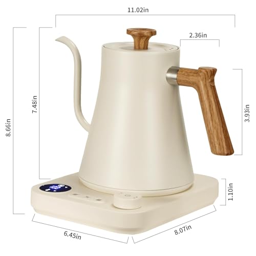 Electric Gooseneck Kettle 0.9L for Pour Over Coffee and Tea, Fast Heat Stainless Steel Inner, Digital LCD Temperature Control, Adjustable Timer, Auto Shut Off, Cordless & BPA-Free (White)