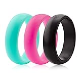 Womens Silicone Wedding Ring Wedding Band - 3 Rings Pack - 5.5mm Wide (2mm Thick) - Teal, Pink, Black