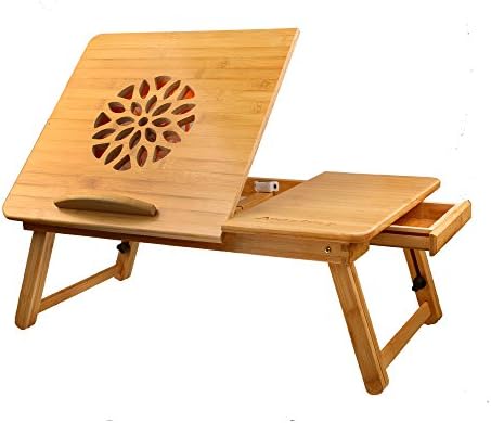 Bamboo Laptop Desk with Fan, Annstory Adjustable Portable Lapdesk Table Multi-founction Bed Tray Folding Breakfast Table Tilting Top Drawer Natural Bamboo