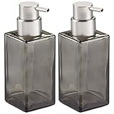mDesign Modern Square Glass Refillable Foaming Hand Soap Dispenser Pump Bottle for Bathroom Vanities or Kitchen Sink, Countertops - 2 Pack, Smoke/Brushed