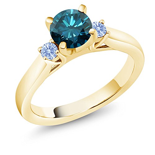 1.02 Ct Blue Diamond 18K Yellow Gold Plated Silver 3-Stone Engagement Ring