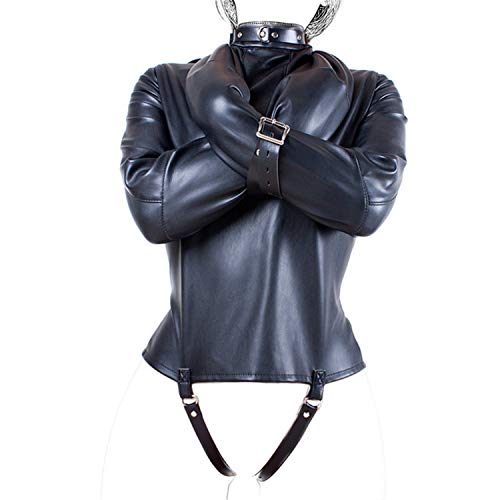 Sexy Leather Bondage Jacket Restraint Suit – Forced Binding Clothing Restriction Neck Sleeves Finger Binding Leather Body Harness Lockable Adjustable Adult Sex Toys Fetish Costume