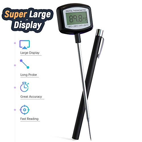 Meat Thermometer - Large LCD Super Long Probe 5.3 Inches Digital Cooking Thermometer with Instant Read and Clip for Kitchen BBQ Grilling Smoker Meat Liquids Candy and Food