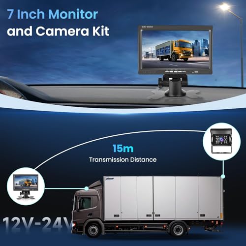 7 Inch HD Reversing Camera Monitor, IP69 Waterproof IR Night Vision Rear View Camera for Truck, Bus, Van, Camper, Pickup, 15M Cable