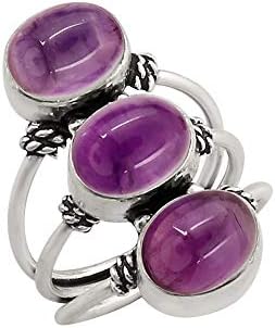Sterling Silver Plated Genuine Gemstone Oval Shape Handmade Three Stone Rings