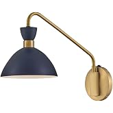 Lark Simon Medium Single Light Wall Sconce, Matte Navy and Heritage Brass | Metal Shade, Needs Cand. LED Bulb, Mid-Century Modern, Articulating, Hardwired or Plug-In, On/Off Switch on Fixture