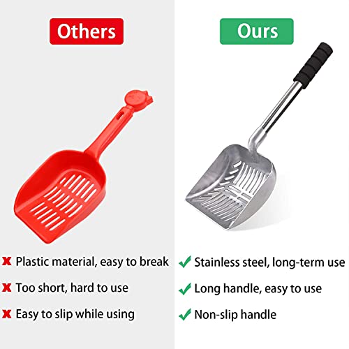 LYCC Cat Litter Scoop Metal Removable Stainless Steel Long Handle Cat Litter Screen Non-Stick Coated with Adjustable Handle and Soft Grip Heavy Duty Pet Cat Litter Shovel with 1 Pcs Hook
