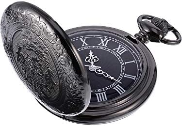 Men's Quartz Pocket Watch with Black Dial and Chain, Black, Quartz