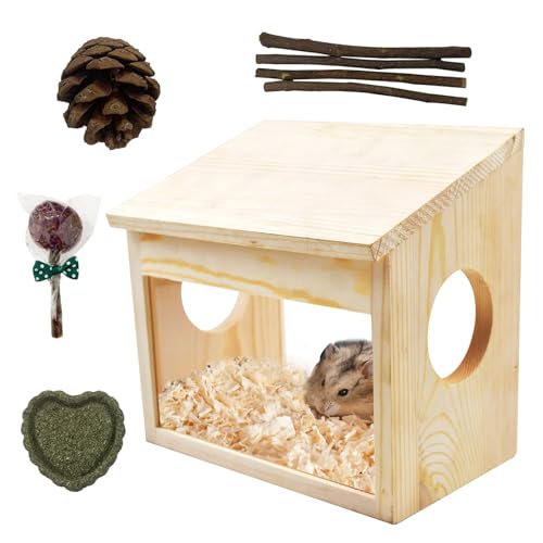 Photo 1 of MUYG Wooden Hamster House Guinea Pig Natural Hideout Hut Chinchilla Sand Bath Container Transparent Acrylic Hamsters Digging Box Small Animal Habitat Decor for Gerbil Rats Lemmings Hedgehog Squirrel