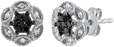 Rakhi Gifts Earring For Women: Real Diamond Earring Sterling Silver Black and White Prong Set Floral Design 0.12 CT Studs Earring