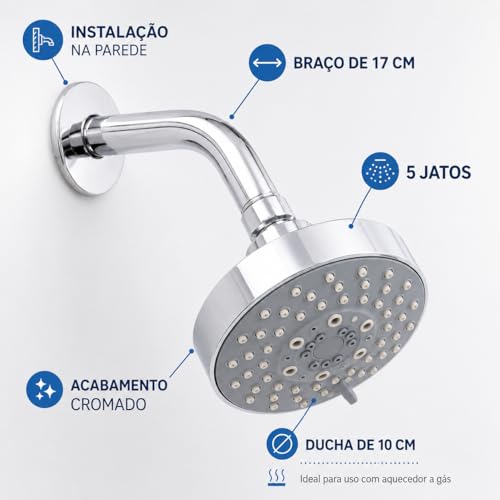 TKLA Ducha Redonda de Alta Vazão 5 Jatos Cor Cromada Chuveiro Externo Gas Aquecedor