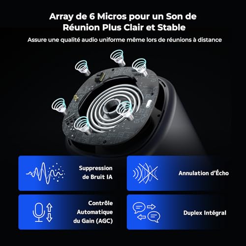 Nuroum 360 Pro Webcam avec Microphone et Haut-Parleur, Caméra de Vidéoconférence Tout-en-Un Grand Angle, 3 Modes IA, Cadrage Automatique,6 Micros Antibruit, USB Plug & Play pour PC/Zoom/Teams,Gris