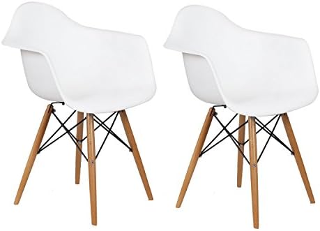 Asense Eames Mid Century Modern Minimalistic Clean Line Dining Chair/Side Chair (A Set of Two) (Armrest Wood Leg, White)
