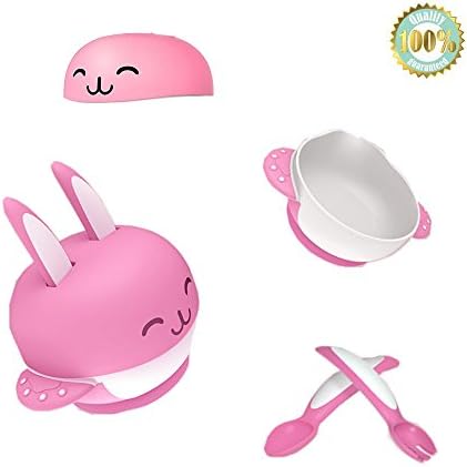 Dotala Baby Toddler Training Stay Put Suction Bowl with Lid,Spoon and Fork ,Infant Spill Proof Feeding Tableware 4 set,FDA Approved BPA free Perfect Baby Shower Gift Set (Pink-Bowl+Lid+Spoon+Fork)