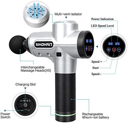 Massage Gun, Handheld Deep Tissue Percussion Muscle Massager for Pain Relief, Rechargeable Cordless Portable Percussion Massage Device with 5 Massage Heads