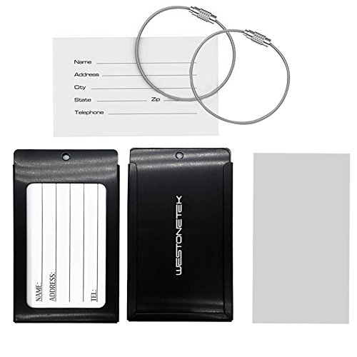 Pack of 2 Luggage Tags, Aluminum Metal Travel ID Tag Business Card Holder Name Address Identifier Labels Suitcase Label with Steel Cable for Baggage Bag, Black