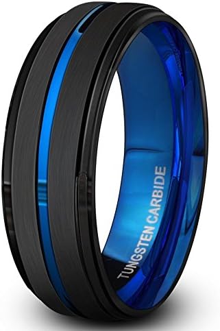 Black Tungsten Carbide Ring for Men 8mm Wedding Band-Matte Finish-Blue Grooved-Rounded Smooth Interior Comfort Fit-Thick and Heavy
