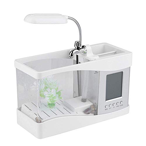 Aquarium Multifunctional USB Rechargeable Desktop Electronic Aquarium Mini Fish Tank with Water Running Pump Calendar Clock Function Light Pen Holder (White)