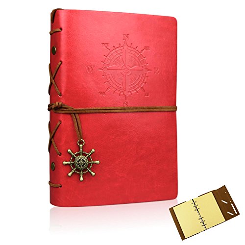 PU Leather Notebook Blank Travel Journal Refillable Writing Diary Notepad Planner Vintage Unlined Pages Binder Notes Book - A6 Size Thick Paper No Bleed Through 80 Sheets 7 x 5 Inches (Red)