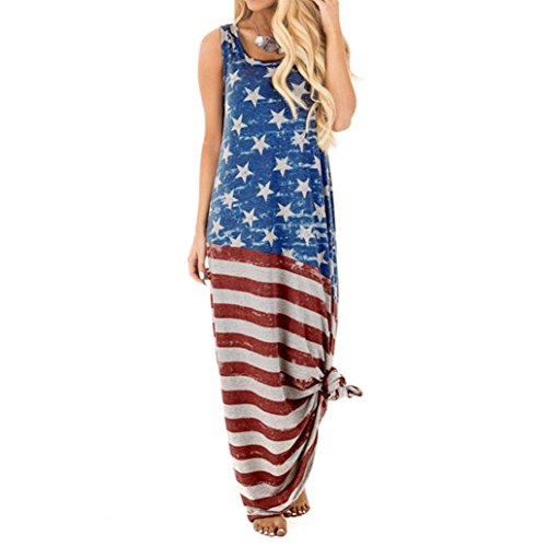 Hot Sale! Independence Day Dress,Women American Star Flag Print Sleeveless Long Maxi Casual Beach Dress (Multicolor, XXL)