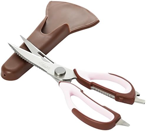 Shora 8-in-1 Multi-Purpose Kitchen Scissors: Ultra-Sharp Heavy Duty Stainless Steel Shears, Cutter, Opener, Peeler, and Cracker with Magnetic Holder (Coffee Brown)