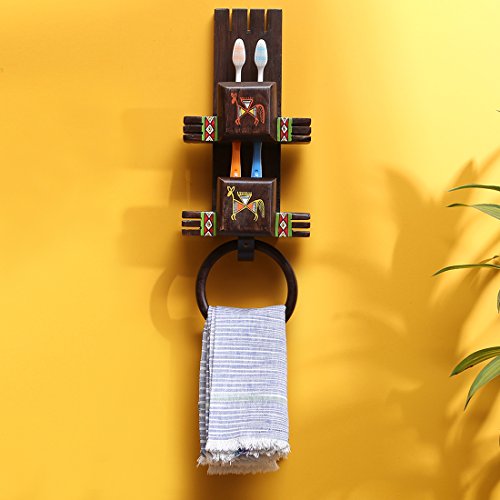 ExclusiveLane 'Wall Trinklet' Warli Hand-Painted Toothbrush & Towel Holder In Teak Wood -Towel Ring Hanging Towel Hanger Bathroom Accessories Wall Mounted