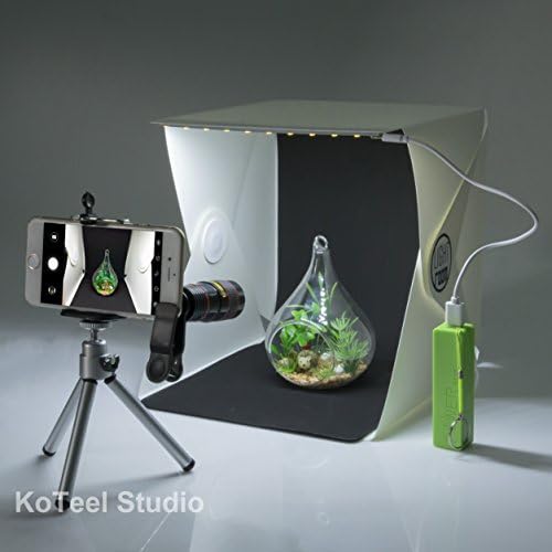 KoTeel Mini Photography Studio Light Tent Light Room Light Box Kit with LED Lighting, Two Background(Black+White),Cell Phone Lens and Tripod without Power Bank