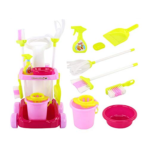 Alapaste Kids Cleaning Trolley Playset Toy Children Pretend Little Helper Housekeeping Mini Cleaning Carts Play with Mops and Buckets, Brooms for Ages 3 Up
