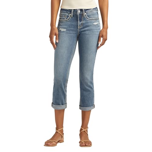 Silver Jeans Co. Women’s Suki Mid Rise Curvy Fit Capri Jeans, Med Wash CVS305